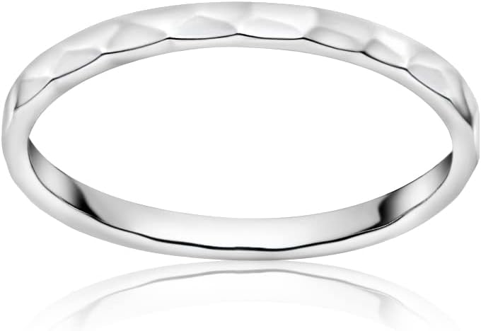 Hoops & Loops 925 Sterling Silver Thin Plain 2mm Hammered Stacking Ring | Skinny Comfort Fit Stackable Band Ring for Women