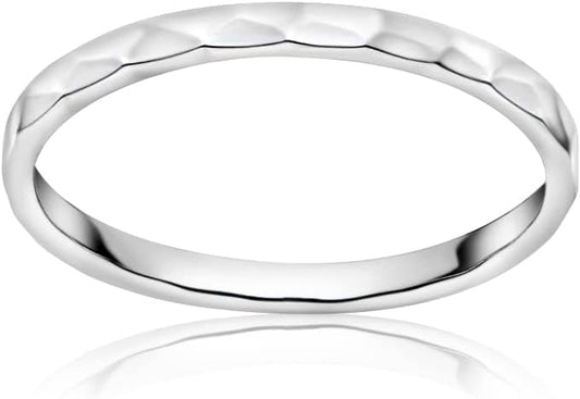 Hoops & Loops 925 Sterling Silver Thin Plain 2mm Hammered Stacking Ring | Skinny Comfort Fit Stackable Band Ring for Women