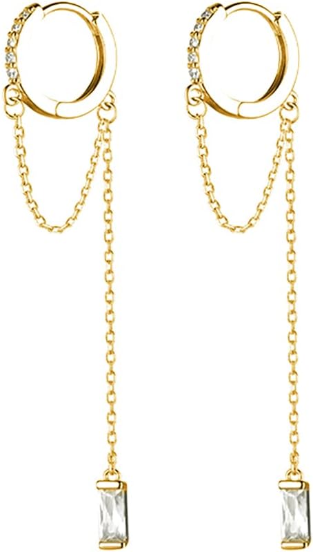 SLUYNZ Solid 925 Sterling Silver CZ Hoop Earrings Chain for Women Teens Hoop Earrings Tassel