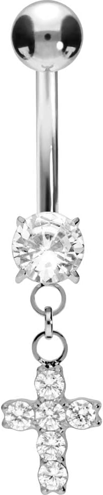 PIERCINGLINE Titanium Belly Button Ring with Crystals and Cross – Belly Button Piercing internally screwed 3 colors