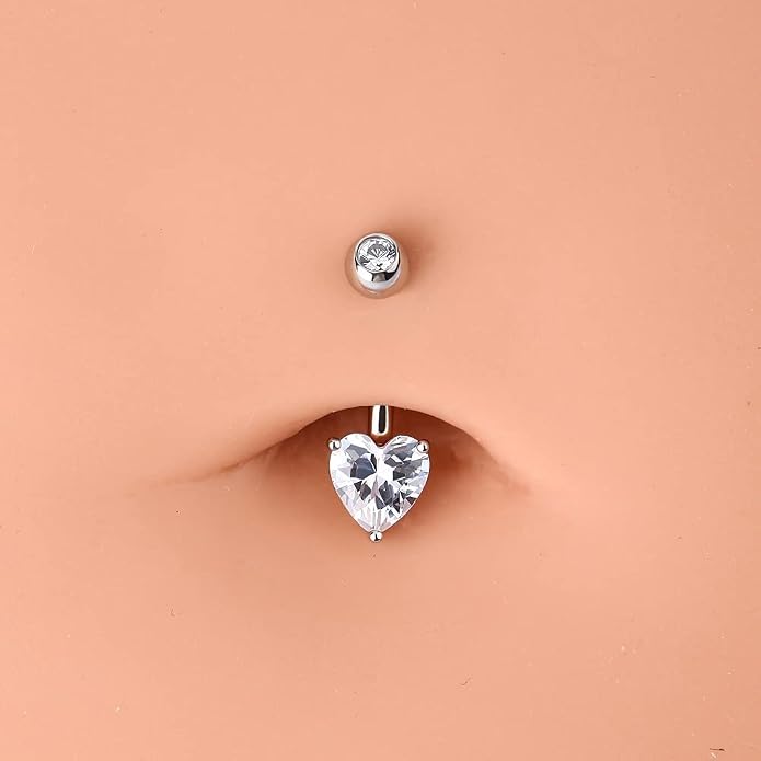 OUFER Belly Navel Rings - 14K Solid White Gold Heart Solitaire Cubic Zirconia Belly Button Rings