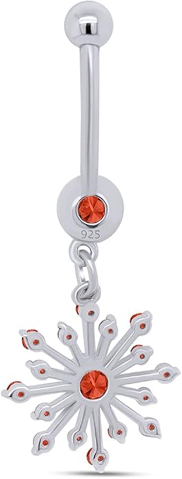 AFFY Snowflake Belly Button Ring for Women Simulated Birthstone, Round Cut Gemstone in 14K Gold Over 925 Sterling Silver, Navel Barbell Piercing Jewelry for Her