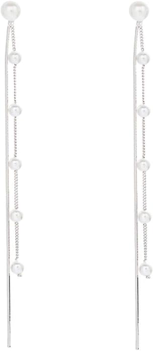 SLUYNZ Solid 925 Sterling Silver Simulated Shell Pearl Dangle Earrings Chain for Women Teens Elegant Long Dangle Earrings Tassel Wedding Bridal Earrings Prom Party Engagement Jewelry