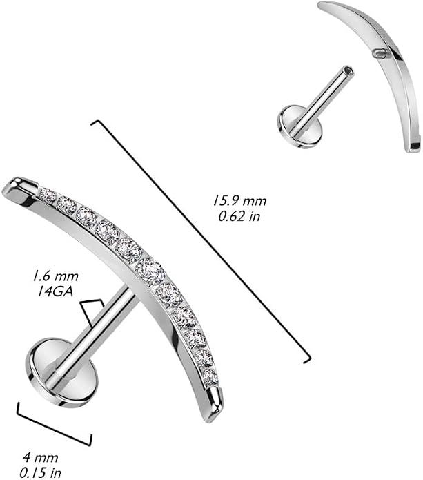 Pierced Owl 16GA ASTM F-136 Implant Grade Titanium Internally Threaded CZ Crystal Paved Long Crescent Moon Flat Back Stud