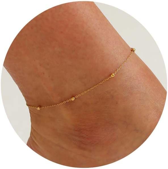 Dainty Ankle Bracelets for Women 18K Gold Plated Satellite Beaded Herringbone Lip Chain Anklets Simple Minimalist Summer Beach Foot Jewelry Christmas Gifts