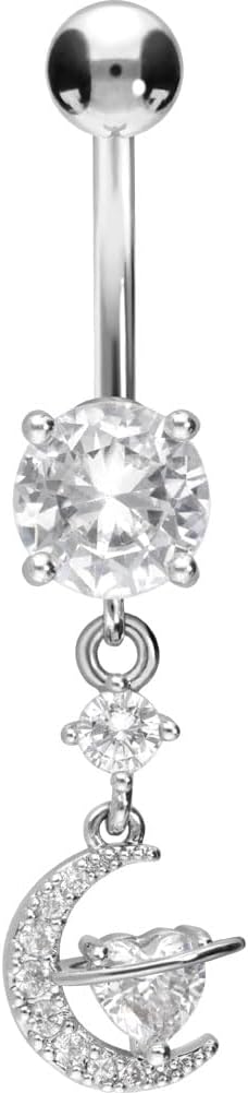 PIERCINGLINE Belly Button Piercing CRYSTAL MOON + CRYSTAL HEART surgical steel, skin-friendly
