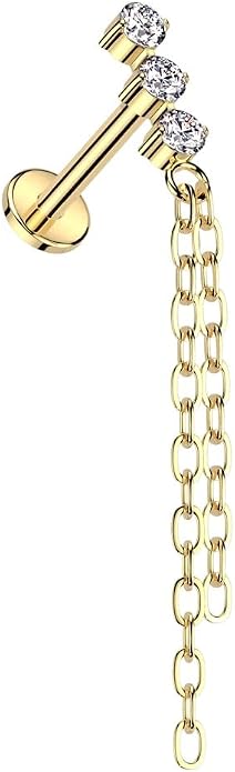 Pierced Owl 16GA ASTM F-136 Implant Grade Titanium Internally Threaded Triple CZ Crystal with Double Dangling Chains Flat Back Stud