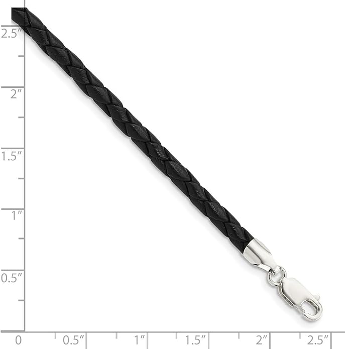 925 Sterling Silver 4mm Black Cord Leather Braided Necklace 16" to 20"