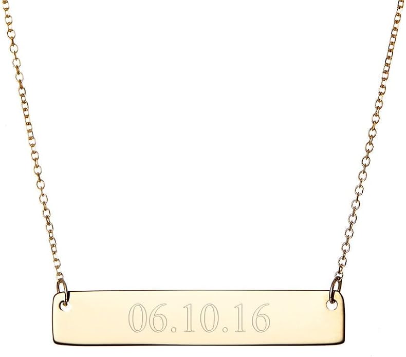 EVE'S ADDICTION Women's Custom Engraved Gold Plated Date Necklace - Engraved Bar Necklace - Date Necklace - Couples Necklace - Gifts for Mom