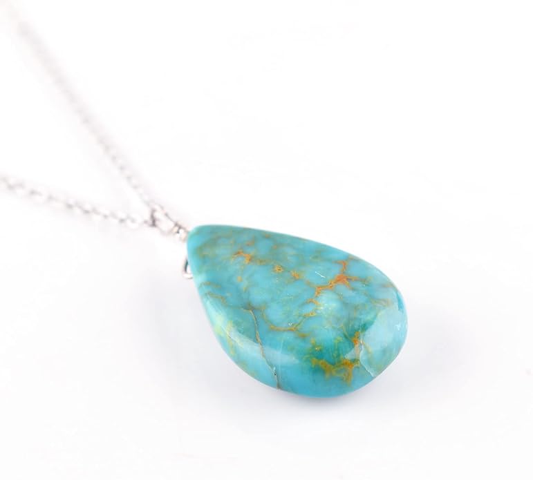 InfinityGemsArt Turquoise Pendant Necklace for Women, Birthstone, Natural Gemstone Cabochon Pear, Dainty Bezel Handmade Jewelry, Chakra Energy Healing Crystals, 925 Sterling Silver Chain 18 inch