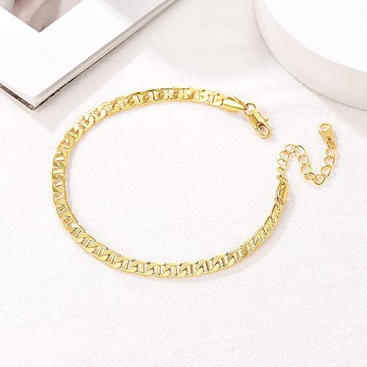 FOCALOOK 14K Gold Plated Anklets for Women Waterproof Plus Size Ankle Bracelet 8.5-10.5 Inch Adjustable Mariner/Figaro/Flat Snake/Cuban Link Chain Anklet Jewelry for Summer Beach Holiday