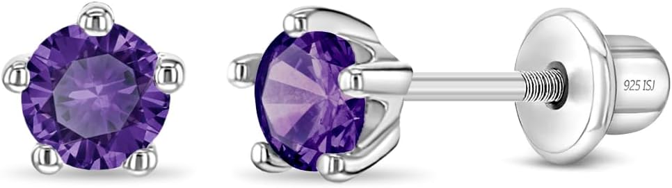 In Season Jewelry Solitaire Simulated Birthstone Kids Earrings - 925 Sterling Silver Hypoallergenic Earrings for Girls with Secure Screw Backs - Safe & Comfortable for Kids & Little Girls