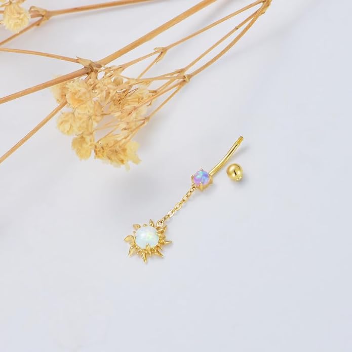 Opal CZ Dangle Belly Button Rings for Women 925 Sterling Silver 16G Heart Teardrop Sun Navel Rings Belly Piercing Jewelry Gift