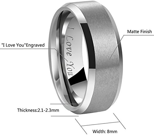 Crownal 4mm 6mm 8mm Black/Silver/Gunmetal/Gold Tungsten Wedding Couple Bands Rings Men Women Matte Brushed Finish Center Engraved "I Love You" Size 4 To 17