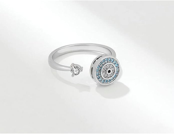 Cubic Zirconia Blue Turkish Evil Eye Remote Fidget Spinner Anxiety Rings | Rotatable fidget design provides discreet stress relief and helps improve daily focus and calmness at work.