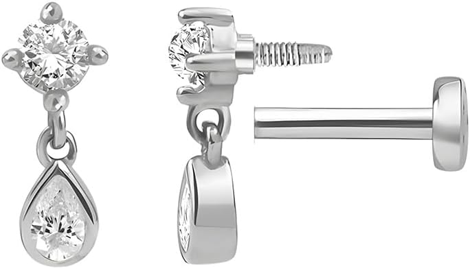 Sterling Silver 925 Flat Back Earring for Women 1PC 16G Helix Piercing Jewelry Dangle Cartilage Earring Internally Threaded Tragus Forward Conch Stud CZ Ear Ring 8mm Gifts