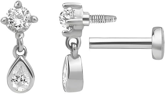 Sterling Silver 925 Flat Back Earring for Women 1PC 16G Helix Piercing Jewelry Dangle Cartilage Earring Internally Threaded Tragus Forward Conch Stud CZ Ear Ring 8mm Gifts