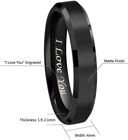 Crownal 4mm 6mm 8mm Black/Silver/Gunmetal/Gold Tungsten Wedding Couple Bands Rings Men Women Matte Brushed Finish Center Engraved "I Love You" Size 4 To 17