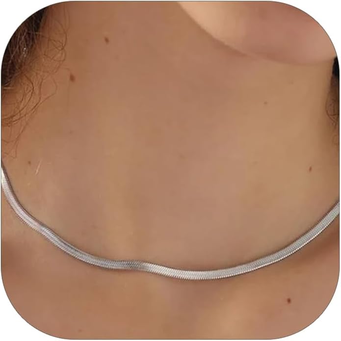 FOCALOOK 14K Gold Plated Necklaces for Women, Fashion Herringbone Choker Necklace Stainless Steel Flat Snake Chain 3/5MM(W) 12.5"/15"/18"+3.5"(L)