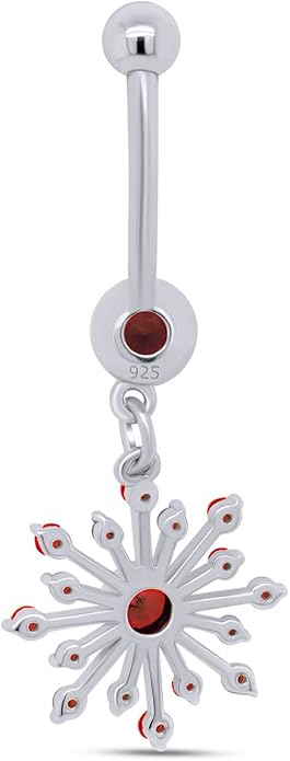AFFY Snowflake Belly Button Ring for Women Simulated Birthstone, Round Cut Gemstone in 14K Gold Over 925 Sterling Silver, Navel Barbell Piercing Jewelry for Her