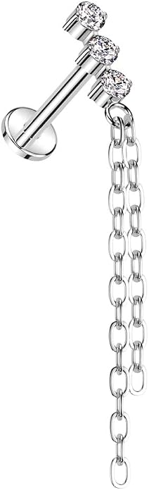 Pierced Owl 16GA ASTM F-136 Implant Grade Titanium Internally Threaded Triple CZ Crystal with Double Dangling Chains Flat Back Stud