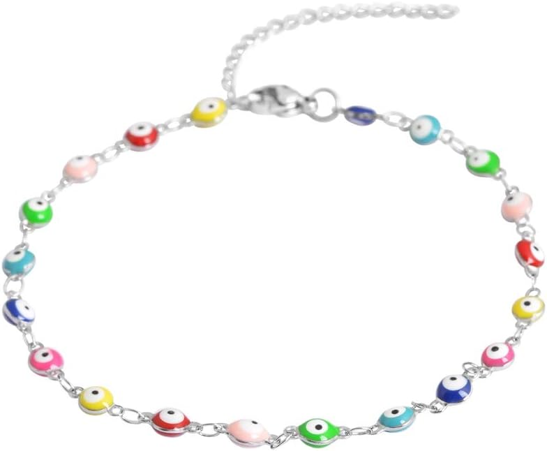 Multi-Colored Evil Eye Pendant Anklet, 9"+2" Extender