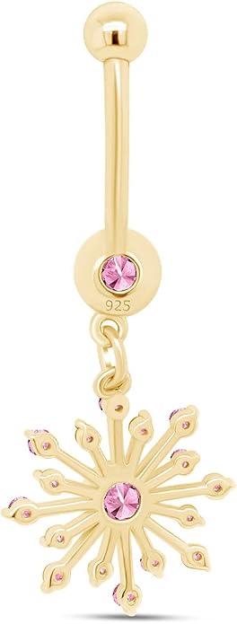 AFFY Snowflake Belly Button Ring for Women Simulated Birthstone, Round Cut Gemstone in 14K Gold Over 925 Sterling Silver, Navel Barbell Piercing Jewelry for Her