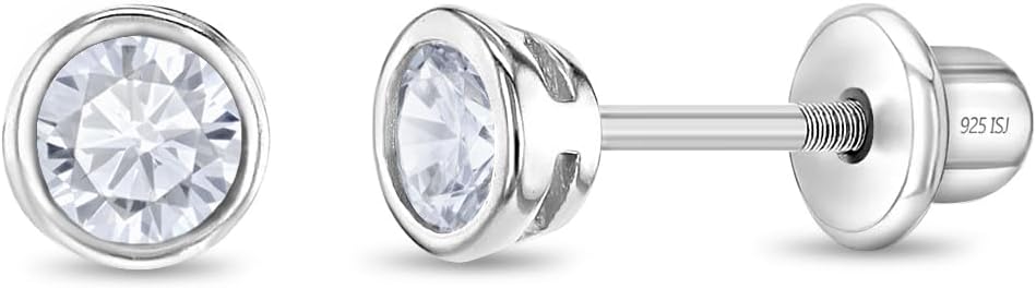 925 Sterling Silver 4mm Bezel Cubic Zirconia Toddler Girls Safety Screw Back Earrings - Locking Back Stud Earrings for Babies to Children - Lightweight and Hypoallergenic Safe for Kids