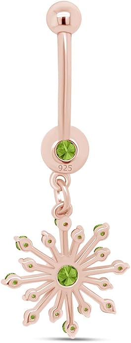 AFFY Snowflake Belly Button Ring for Women Simulated Birthstone, Round Cut Gemstone in 14K Gold Over 925 Sterling Silver, Navel Barbell Piercing Jewelry for Her