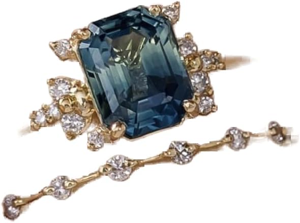 Cutesmile 2pcs Gold Ring Set Fashion Simple Tiny 14k Gold Filled Perfect Princess Cut Peacock Blue Gemstone CZ Crystal Diamond Engagement Wedding Rings Set Size 5-11 for Women(8)