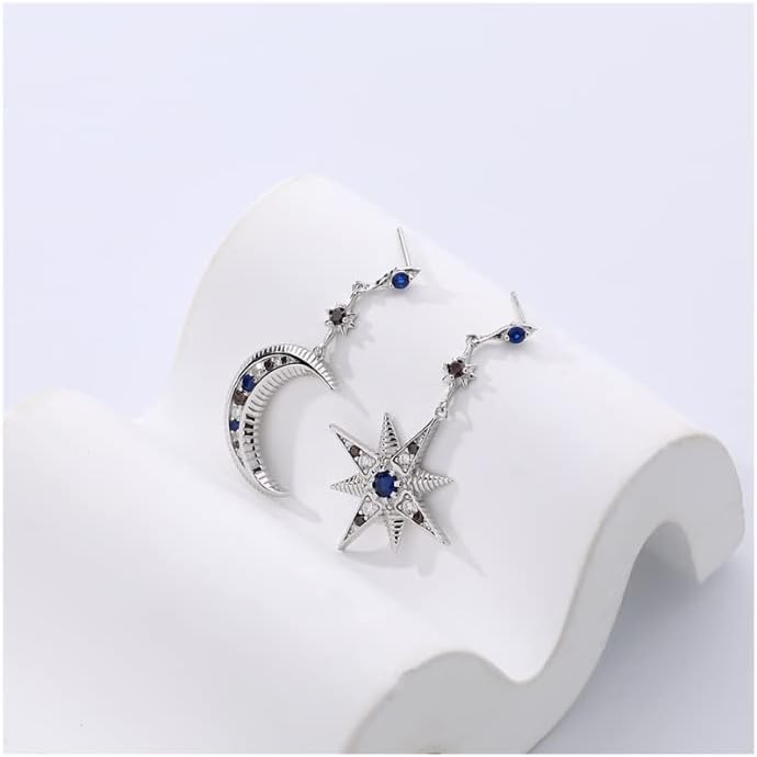 925 Sterling Silver Asymmetric Stud Earrings Colorful Zircon Star Moon Drop Earrings