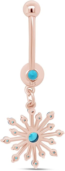 AFFY Snowflake Belly Button Ring for Women Simulated Birthstone, Round Cut Gemstone in 14K Gold Over 925 Sterling Silver, Navel Barbell Piercing Jewelry for Her