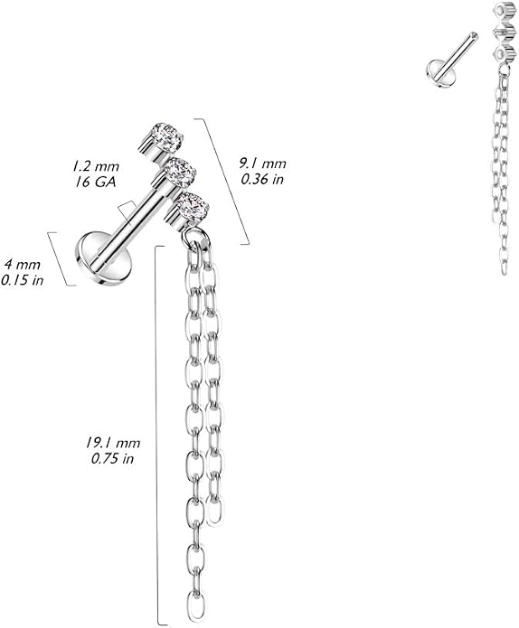 Pierced Owl 16GA ASTM F-136 Implant Grade Titanium Internally Threaded Triple CZ Crystal with Double Dangling Chains Flat Back Stud