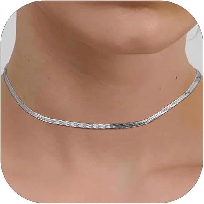 FindChic Black/14K Gold Plated Herringbone Choker Chain Necklace for Women | Waterproof Stainless Steel, Dainty Layering, Flat Snake Chain, Non-Tarnish, Hypoallergenic, Adjustable Extender, Gift Box