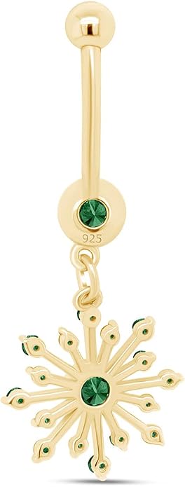 AFFY Snowflake Belly Button Ring for Women Simulated Birthstone, Round Cut Gemstone in 14K Gold Over 925 Sterling Silver, Navel Barbell Piercing Jewelry for Her