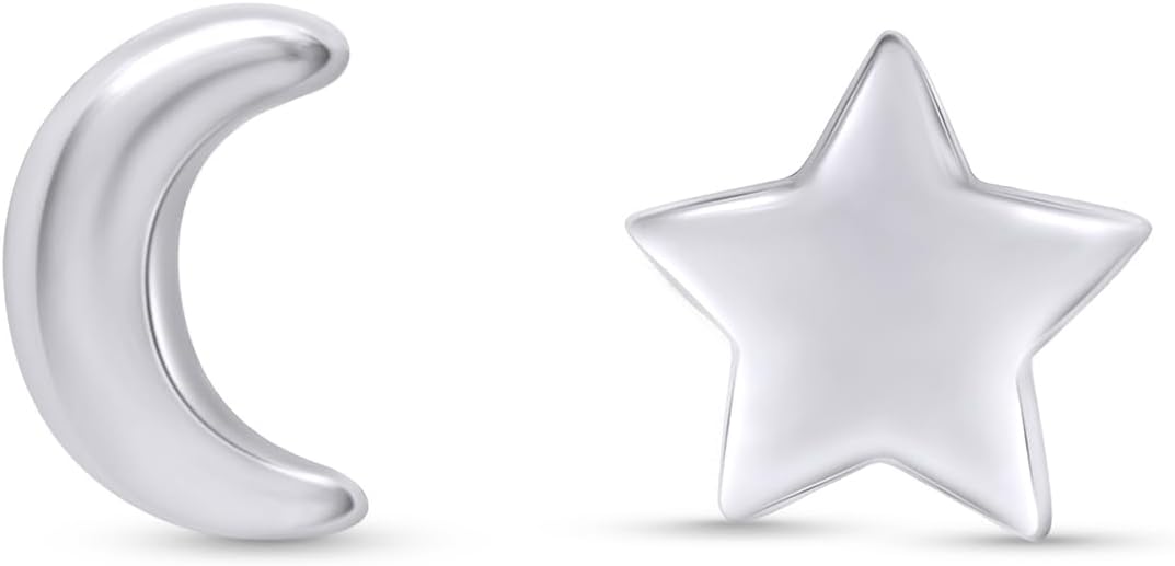 Asymmetric Earrings Half Moon And Star Lovely Charm Stud Earrings in 14K Gold Plated Sterling Silver With Push Back for her