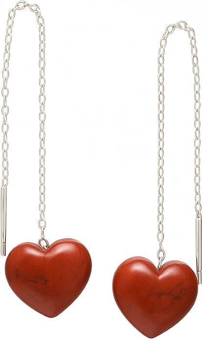 Gemstone Heart Shaped Threader Earrings in 925 Sterling Silver, Pull Through Adjustable, Versatile & Trendy, Perfect Valentine's Gift for Women, Choice of Gemstone Available