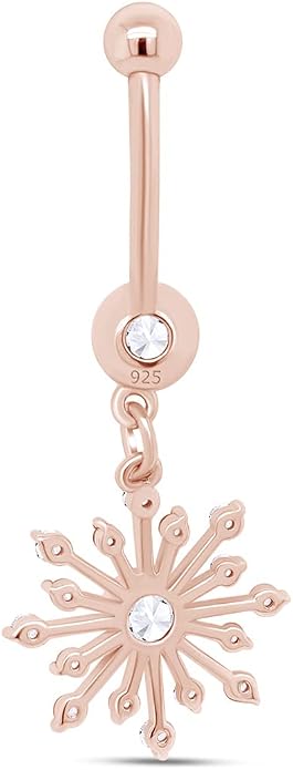 AFFY Snowflake Belly Button Ring for Women Simulated Birthstone, Round Cut Gemstone in 14K Gold Over 925 Sterling Silver, Navel Barbell Piercing Jewelry for Her