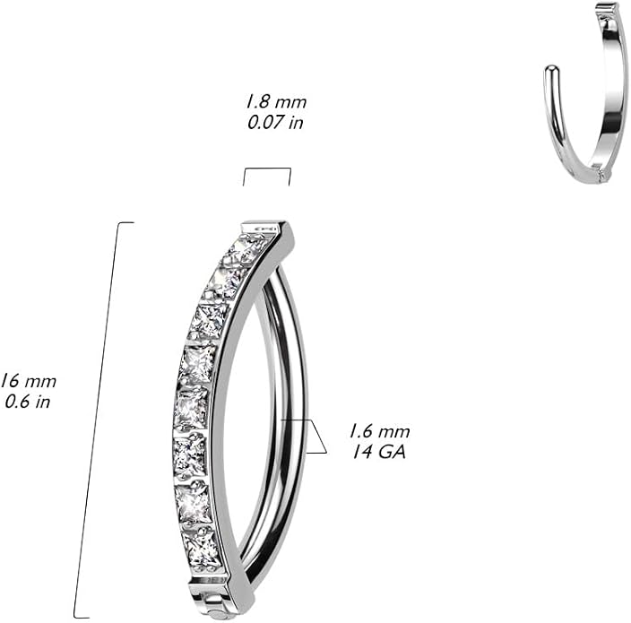 Pierced Owl 14GA F136 Implant Grade Titanium CZ Crystal Paved Hinged Curved Bar Belly Button Ring