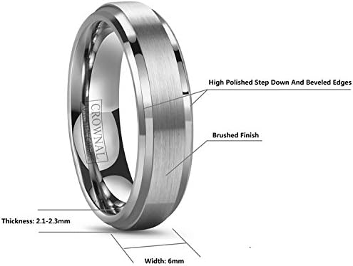 CROWNAL 6mm 8mm 10mm Tungsten Wedding Band Ring Men Women Polished Beveled Edge Matte Brushed Finish Center Silver/Rose Gold Tone Comfort Fit Size 5 to 17