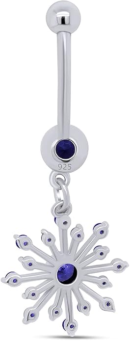 AFFY Snowflake Belly Button Ring for Women Simulated Birthstone, Round Cut Gemstone in 14K Gold Over 925 Sterling Silver, Navel Barbell Piercing Jewelry for Her