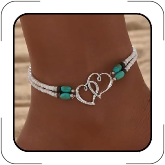 Elastic Beaded Ankle Bracelets for Women Double Heart Layered Stretch Ankle Bracelets Waterproof Dainty Boho Beaded Anklets for Summer Beach Foot Jewelry