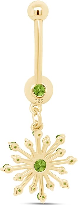AFFY Snowflake Belly Button Ring for Women Simulated Birthstone, Round Cut Gemstone in 14K Gold Over 925 Sterling Silver, Navel Barbell Piercing Jewelry for Her