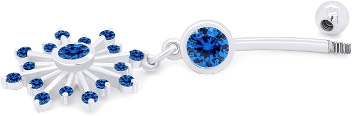 AFFY Snowflake Belly Button Ring for Women Simulated Birthstone, Round Cut Gemstone in 14K Gold Over 925 Sterling Silver, Navel Barbell Piercing Jewelry for Her