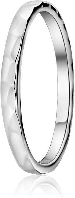 Hoops & Loops 925 Sterling Silver Thin Plain 2mm Hammered Stacking Ring | Skinny Comfort Fit Stackable Band Ring for Women