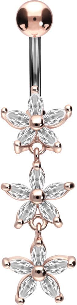 PIERCINGLINE Titanium Belly Button Piercing 925 Silver Design CRYSTAL FLOWERS