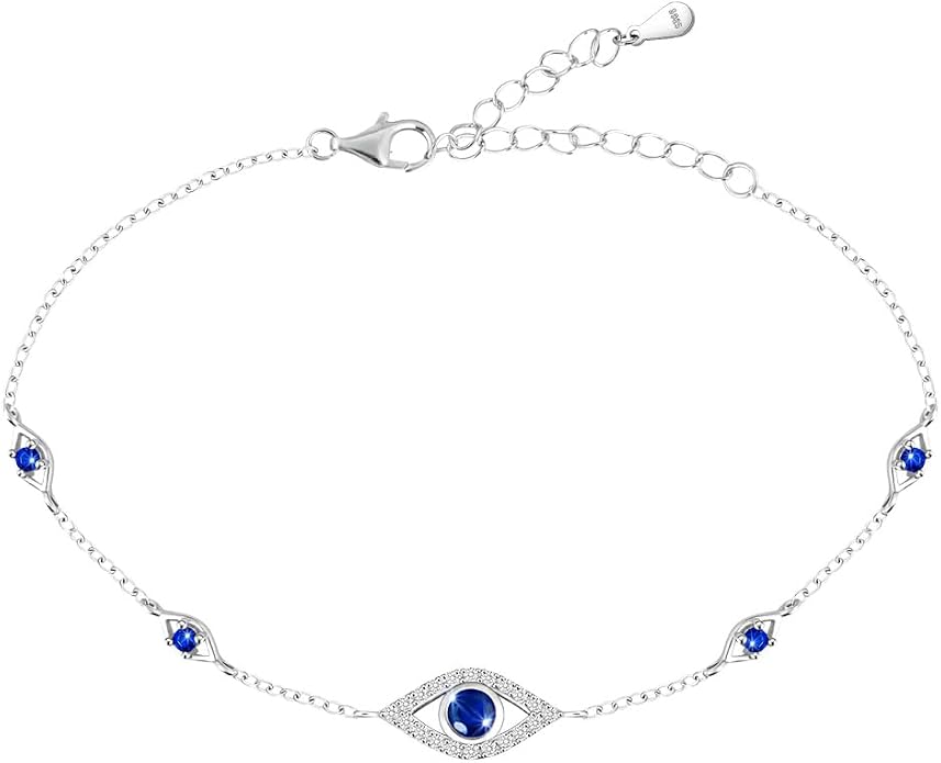 Blue Evil Eyes Link Bracelet, Evil Eye Earrings, S925 Sterling Silver Dainty Cubic Zirconia Adjustable Link Lobster Claw Clasp Chain Jewelry