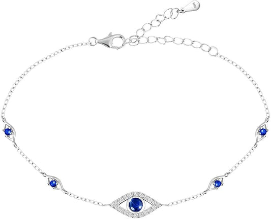 Blue Evil Eyes Link Bracelet, Evil Eye Earrings, S925 Sterling Silver Dainty Cubic Zirconia Adjustable Link Lobster Claw Clasp Chain Jewelry