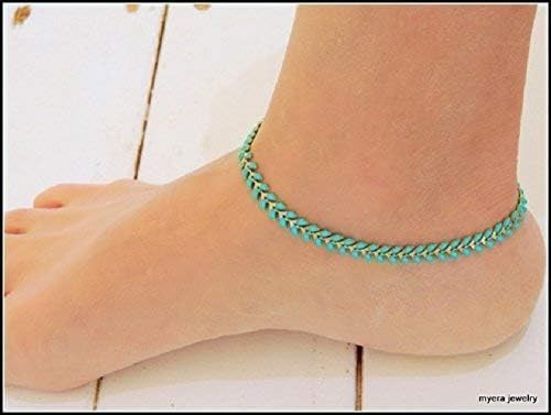 Turquoise Anklet for Women, Dainty Ankle Bracelet, Delicate Summer Design, Mint Fishtail Enamel Chain