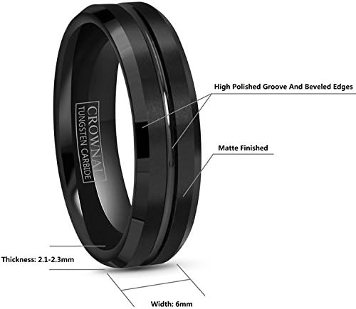 CROWNAL 4mm 6mm 8mm 10mm Black Tungsten Wedding Band Ring Men Women Beveled edges Polished Grooved Center Comfort Fit Size 4 To 17